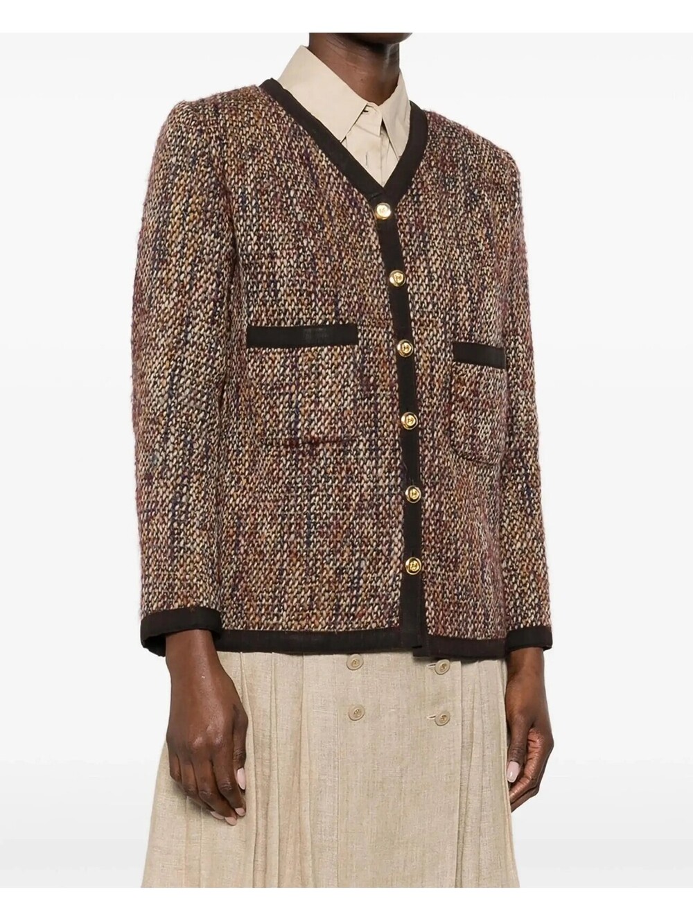Vintage CHANEL Boutique 1993 Multi Brown Tweed Jacket Gold CC Buttons FR 36 US 2